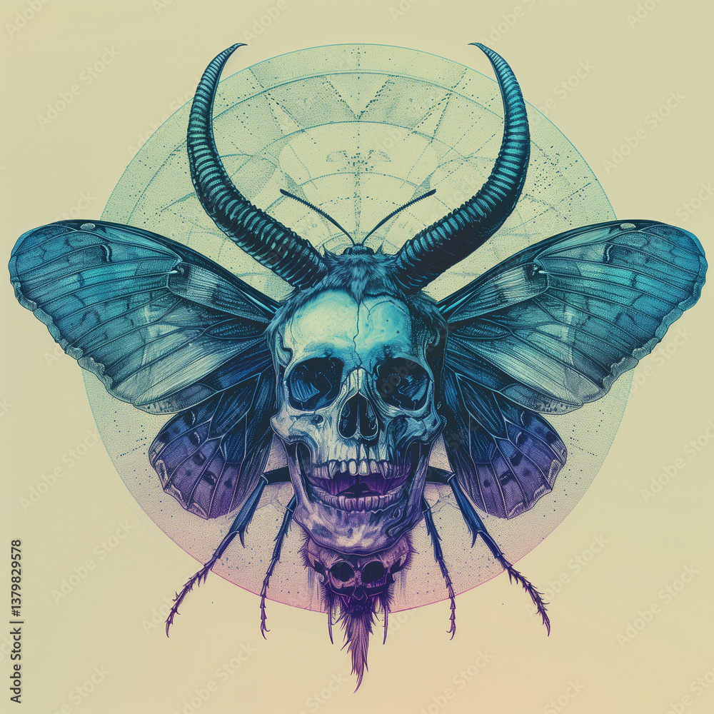 Naklejka premium Neonowa ilustracja ćmy z czaszką, inspirowana cyberpunkiem i surrealizmem. Połączenie natury i mroku w futurystycznym stylu. Idealna do grafik koncepcyjnych, tatuaży, sztuki cyfrowej i designu.