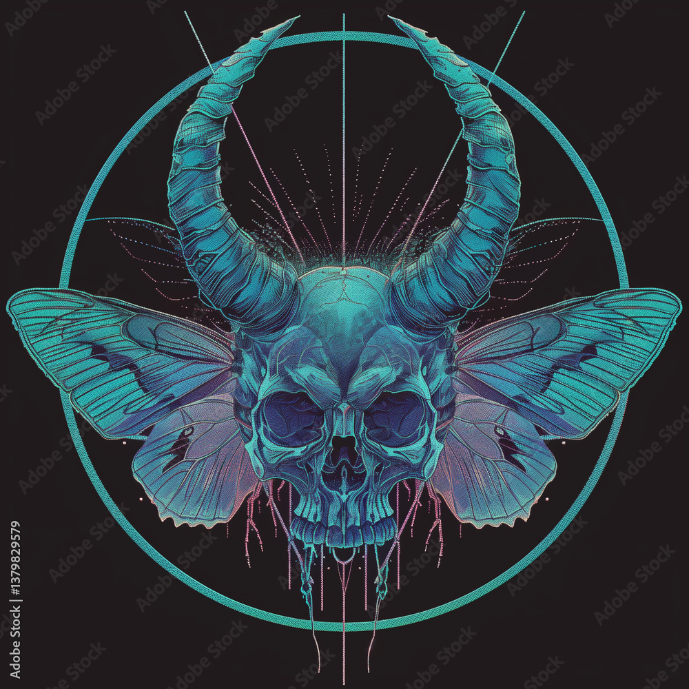 Fototapeta premium Neonowa ilustracja ćmy z czaszką, inspirowana cyberpunkiem i surrealizmem. Połączenie natury i mroku w futurystycznym stylu. Idealna do grafik koncepcyjnych, tatuaży, sztuki cyfrowej i designu.