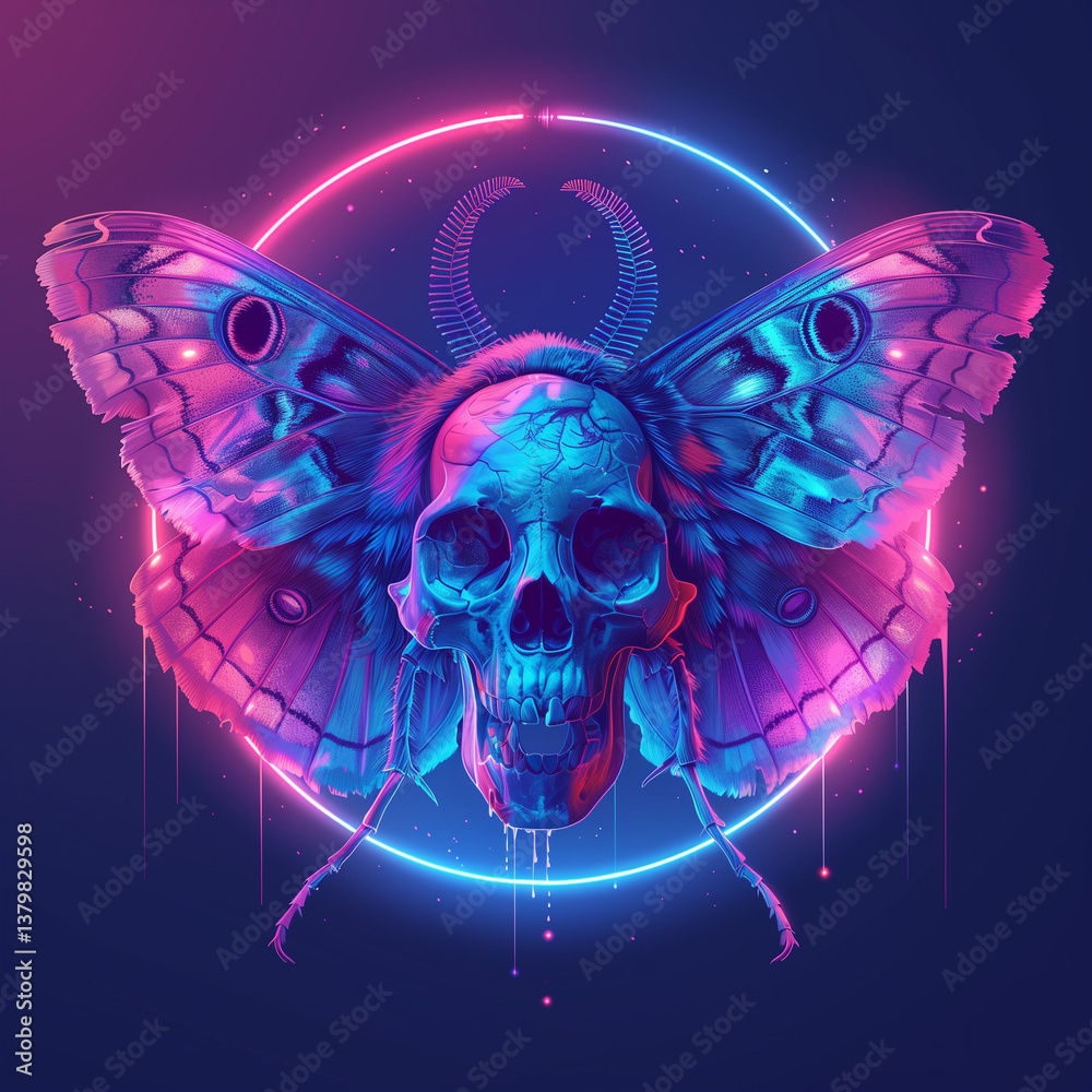 Fototapeta premium Neonowa ilustracja ćmy z czaszką, inspirowana cyberpunkiem i surrealizmem. Połączenie natury i mroku w futurystycznym stylu. Idealna do grafik koncepcyjnych, tatuaży, sztuki cyfrowej i designu.