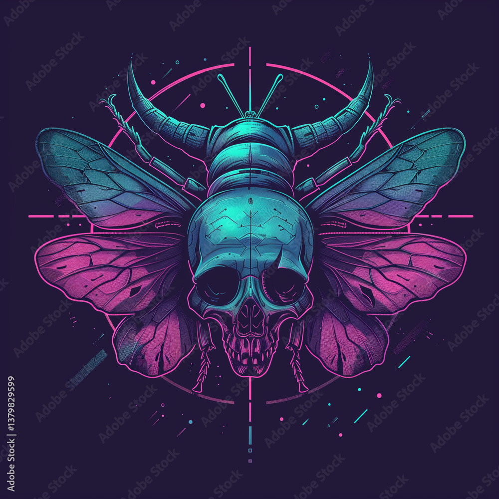 Fototapeta premium Neonowa ilustracja ćmy z czaszką, inspirowana cyberpunkiem i surrealizmem. Połączenie natury i mroku w futurystycznym stylu. Idealna do grafik koncepcyjnych, tatuaży, sztuki cyfrowej i designu.