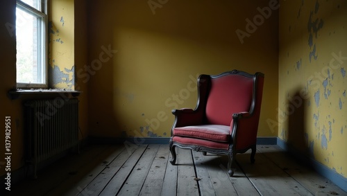 Antique Red Wingback Chair in a Derelict Room with Peeling Yellow Walls