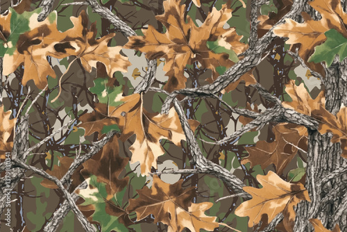 Woodland hunting camouflage seamless pattern with tree bark. Camouflage pattern background for hunting and military purposes. Digital camouflage texture. Vector camo