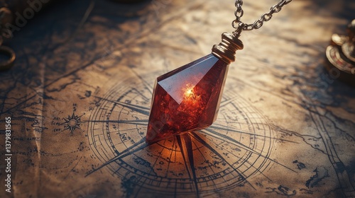 Ancient red crystal amulet on antique map