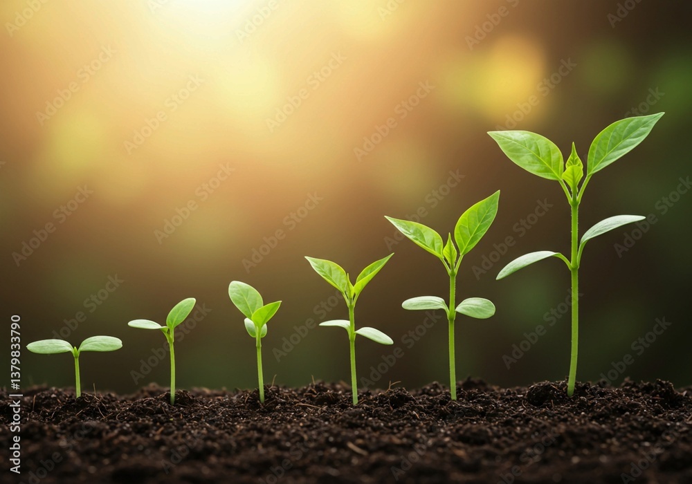 Fototapeta premium Arranged to show progressive growth stages, five seedlings with vibrant green leaves are in dark soil against a blurred, warm background