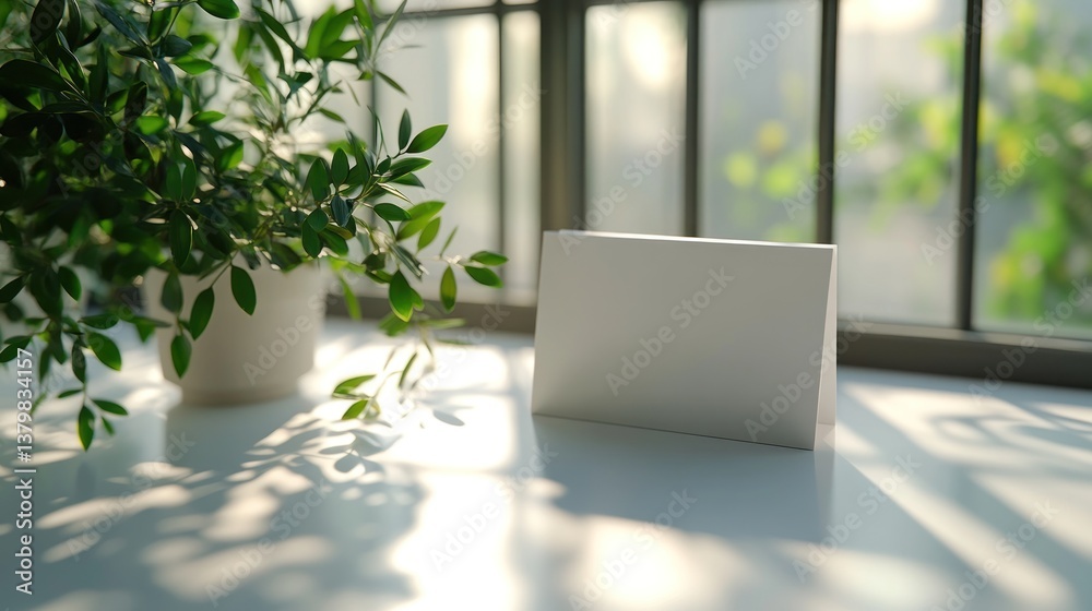 Fototapeta premium Blank card, sunlit windowsill, greenery, mockup