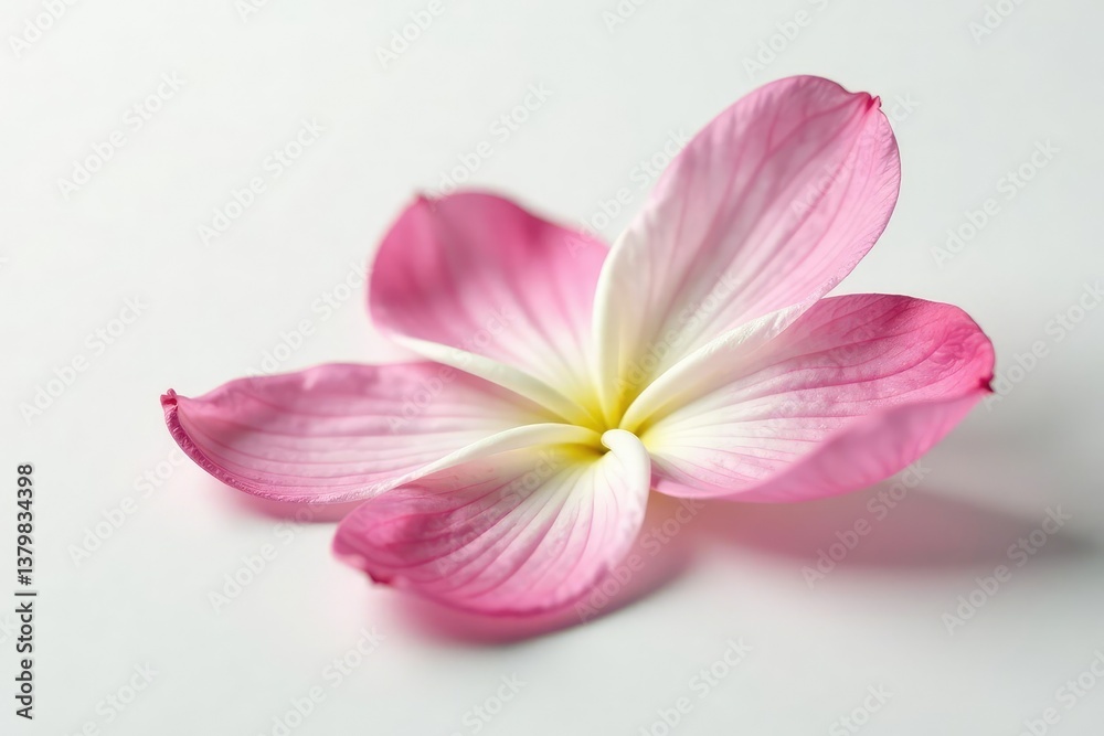 Delicate flower petals unfolding on a pristine white surface, flowers, isolated Delicate flower petals unfolding on a pristine white surface, flowers, isolated