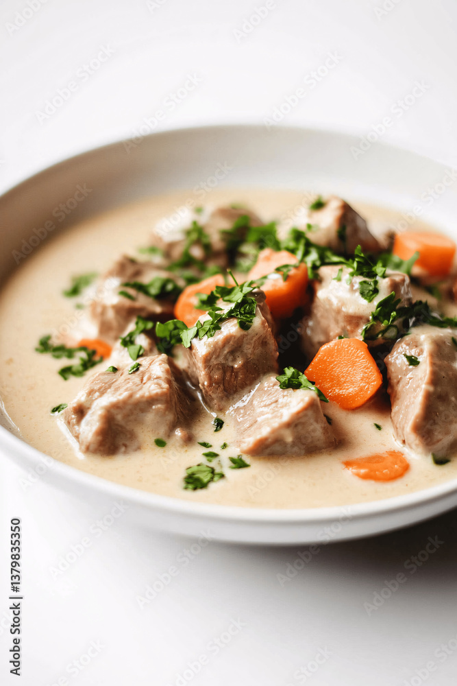 Traditional French Blanquette de Veau, veal ragout in creamy white sauce with carrots, white background Traditional French Blanquette de Veau, veal ragout in creamy white sauce with carrots, white background