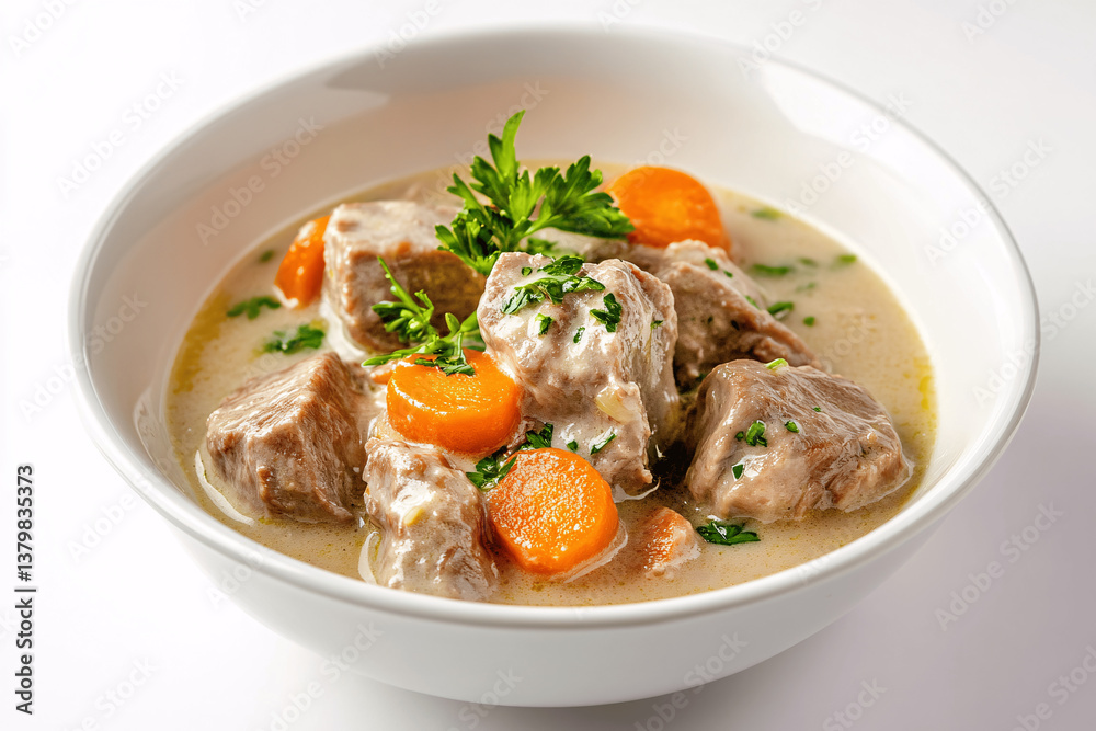 Traditional French Blanquette de Veau, veal ragout in creamy white sauce with carrots, white background Traditional French Blanquette de Veau, veal ragout in creamy white sauce with carrots, white background