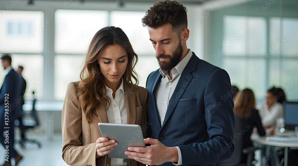 Tablet discussion and business people in office with report for break in finance stock market, Photo Illustration Image Picture Photography Tablet discussion and business people in office with report for break in finance stock market, Photo Illustration Image Picture Photography
