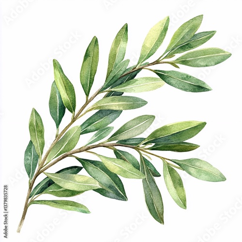Olive tree branch. Watercolor Mediterranean twig with long, green leaves Botanical hand drawn illustration. Floral traditional clipart template for oil label, greeting cards Isolated white background