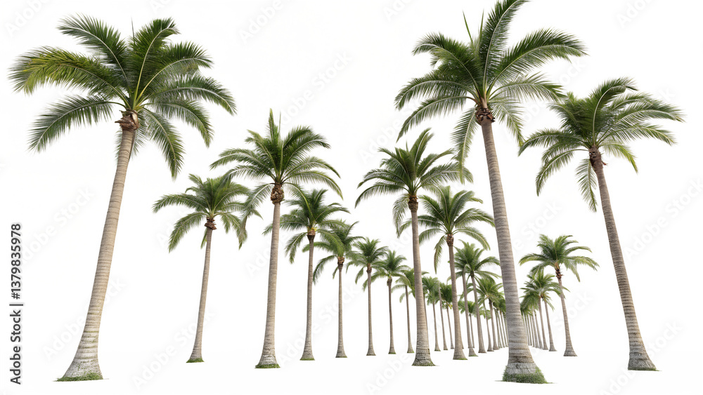 Obraz premium Group of Elegant Palm Trees with Tall Trunks and Green Fronds, Isolated on White Background