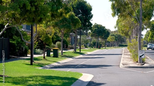 Well-maintained, tree-lined residential street in Williams Landing, Melbourne, features established eucalyptus trees that create dappled shade on the quiet roadway.A peaceful neighborhood in Australia