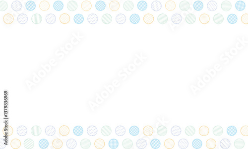 ラフな線のカラフルな4パターンの丸い円が上下に並ぶフレーム