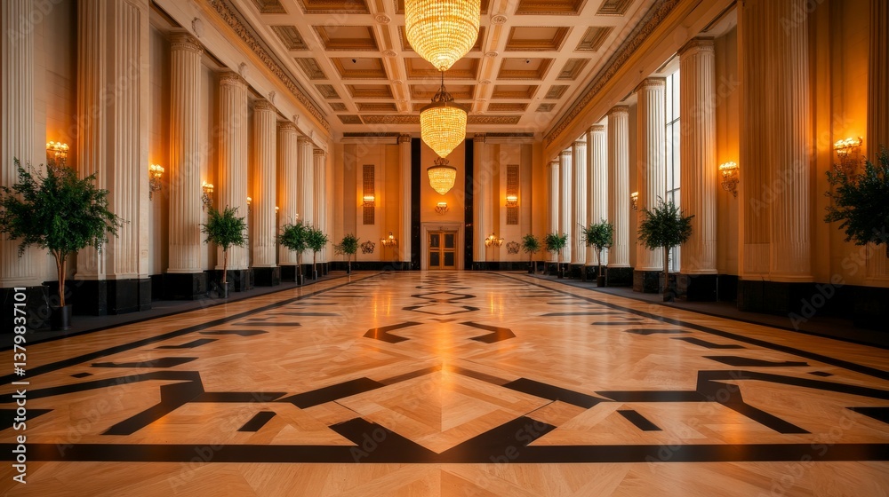 Fototapeta premium Elegant Art Deco Ballroom Interior with Grand Chandeliers and Graceful Architecture