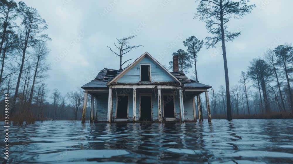 Fototapeta premium Abandoned house submerged in water surrounded by trees during overcast weather