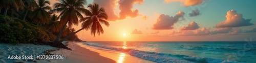 Palm tree cluster near turquoise ocean at dusk with warm sand and sunset glow, sandy beach, beach