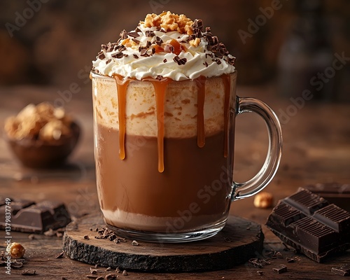 A rich decadent hot chocolate topped with whipped cream chocolate shavings and a caramel drizzle