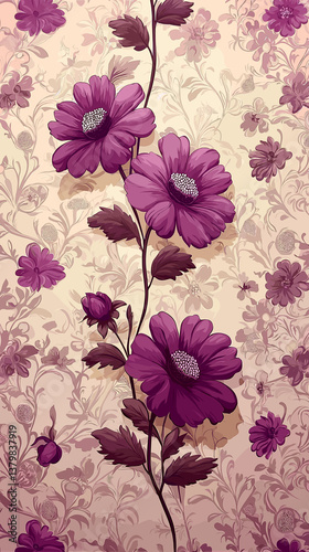 Beautiful purple floral wallpaper featuring detailed blooms and intricate patterns in a stylish interior setting