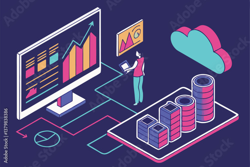 5 Isometric data visualization, vibrant gradient colors, 3D charts and graphs, neon glow, dark background, financial analytics, infographics, bar charts, line graphs, area charts, stacked columns, fut
