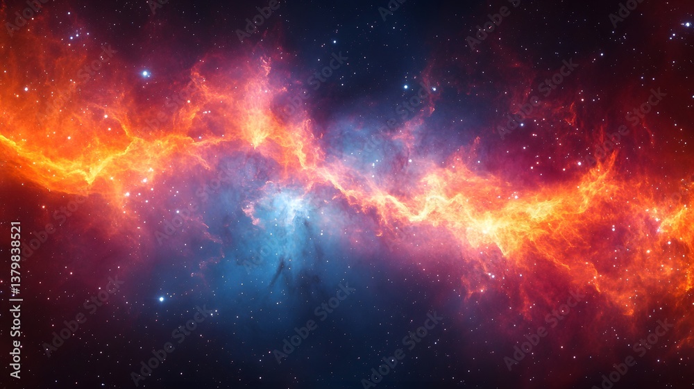 Fototapeta premium Fiery Nebula Cosmic Background Red Orange Blue Space Galaxy Starscape Digital Art Abstract Universe Design 
