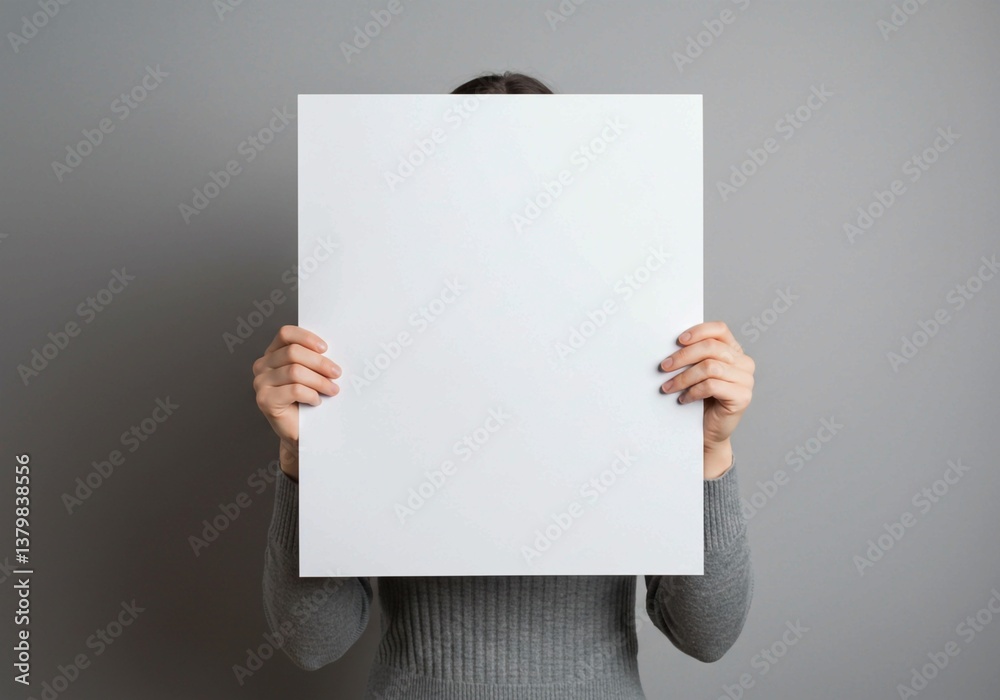 With both hands, a person in a gray sweater holds a blank white rectangular board, obscuring their face against a neutral gray background With both hands, a person in a gray sweater holds a blank white rectangular board, obscuring their face against a neutral gray background