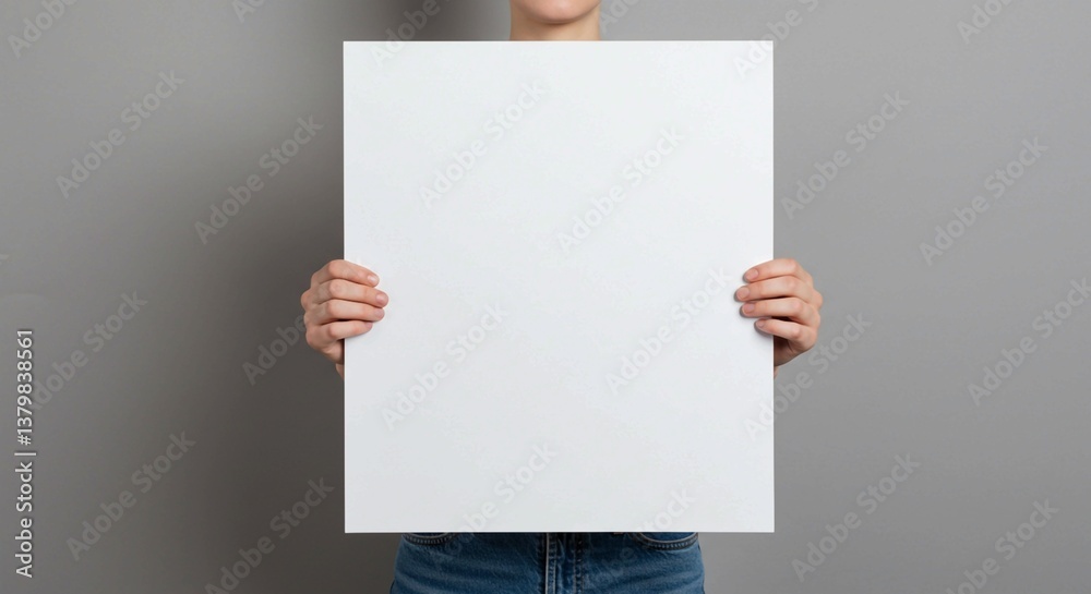 A blank white rectangular board is held by a person in a gray sweater with both hands, obscuring their face against a neutral gray background A blank white rectangular board is held by a person in a gray sweater with both hands, obscuring their face against a neutral gray background