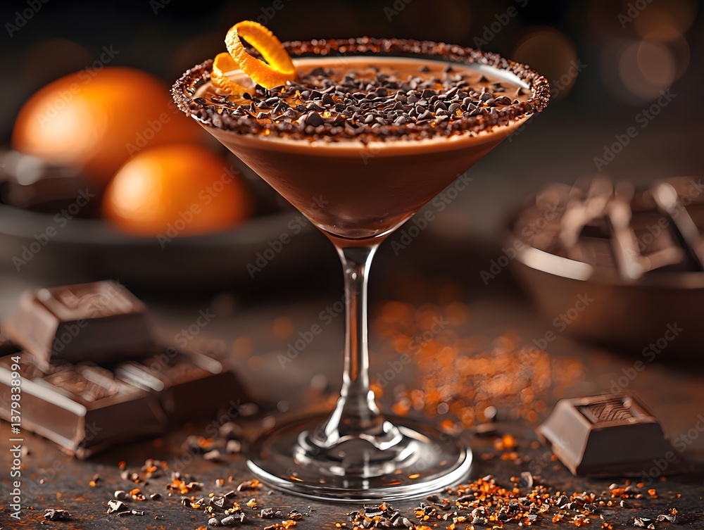 A decadent chocolate martini garnished with a curl of orange zest