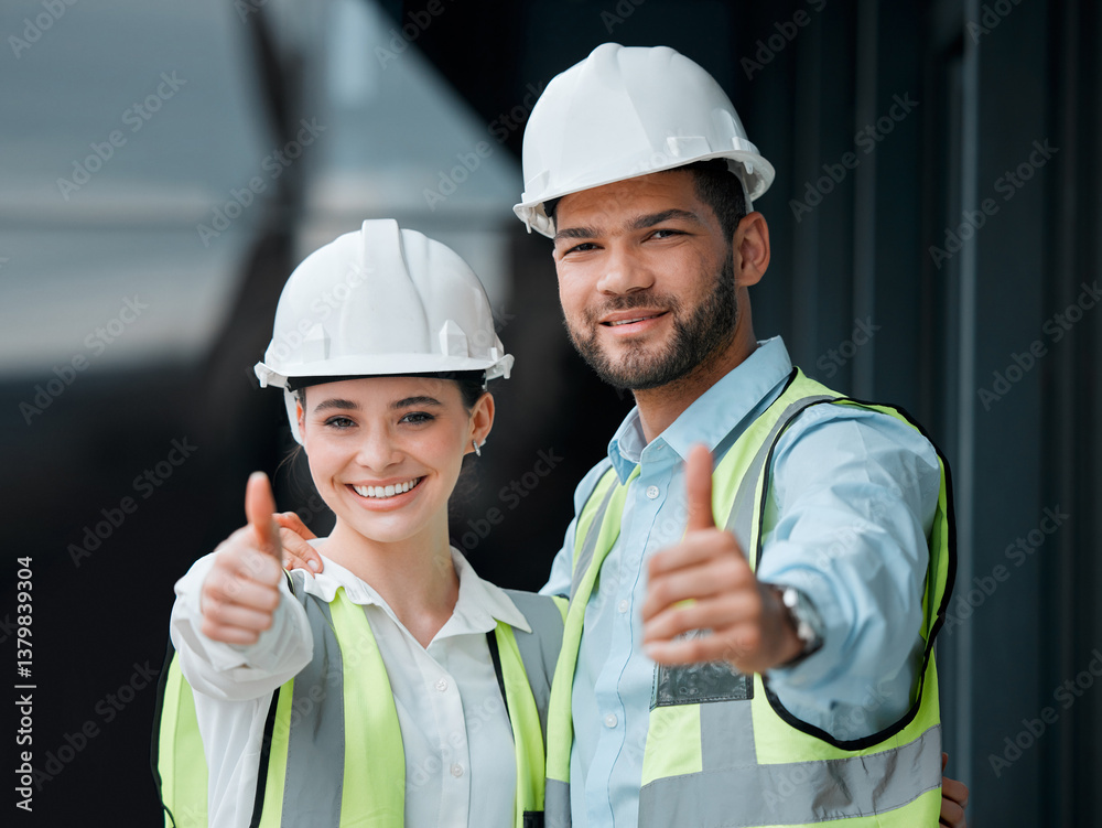 Construction, team and thumbs up on site for portrait, approval or good job in city. Man engineer, woman or happy for collaboration with success, go ahead and project management for urban development Construction, team and thumbs up on site for portrait, approval or good job in city. Man engineer, woman or happy for collaboration with success, go ahead and project management for urban development