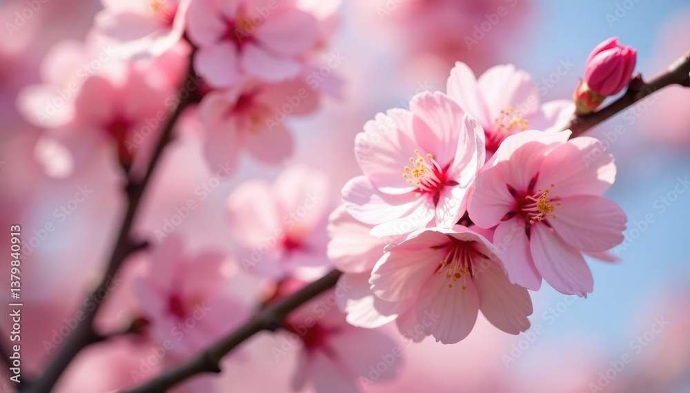 Delicate pink sakura blossoms, full bloom, soft focus, textile, pattern Delicate pink sakura blossoms, full bloom, soft focus, textile, pattern