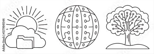 Minimalistic illustrations of a cloud, globe, and tree represent nature and technology themes.