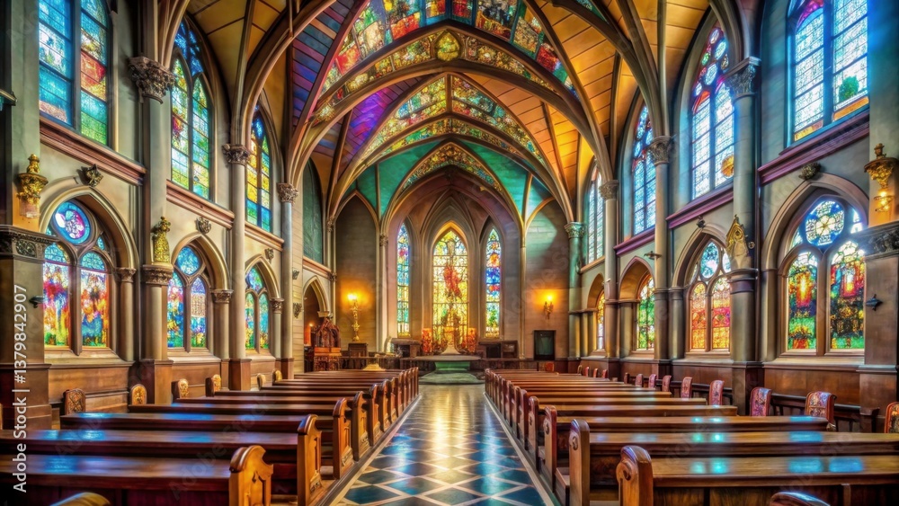 Obraz premium Expansive Interior of a Church with Large Stained Glass Windows