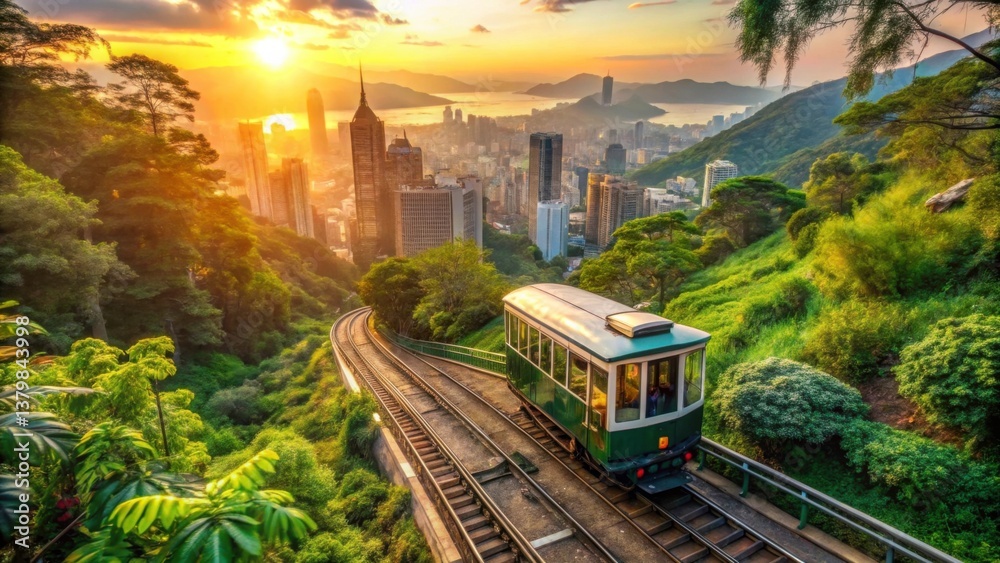 Naklejka premium Green Tram Traveling Through Scenic Victoria Peak at Sunset