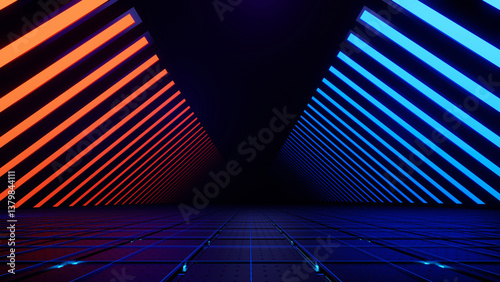 Fototapeta Naklejka Na Ścianę i Meble -  3d render, Abstract neon light trails and glowing geometric symbols in futuristic digital tunnel background
