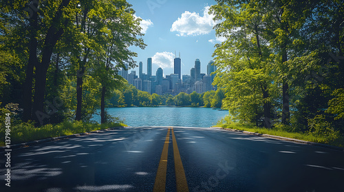 Empty asphalt road with a city skyline background, a cinematic urban scene perfect for transportation, cityscape photography, and futuristic concepts.
 photo
