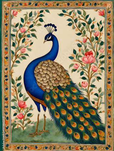 Vintage Indian Peacock Art, Mughal Art illustration, Miniature Art illustration, Bird vintage art illustration