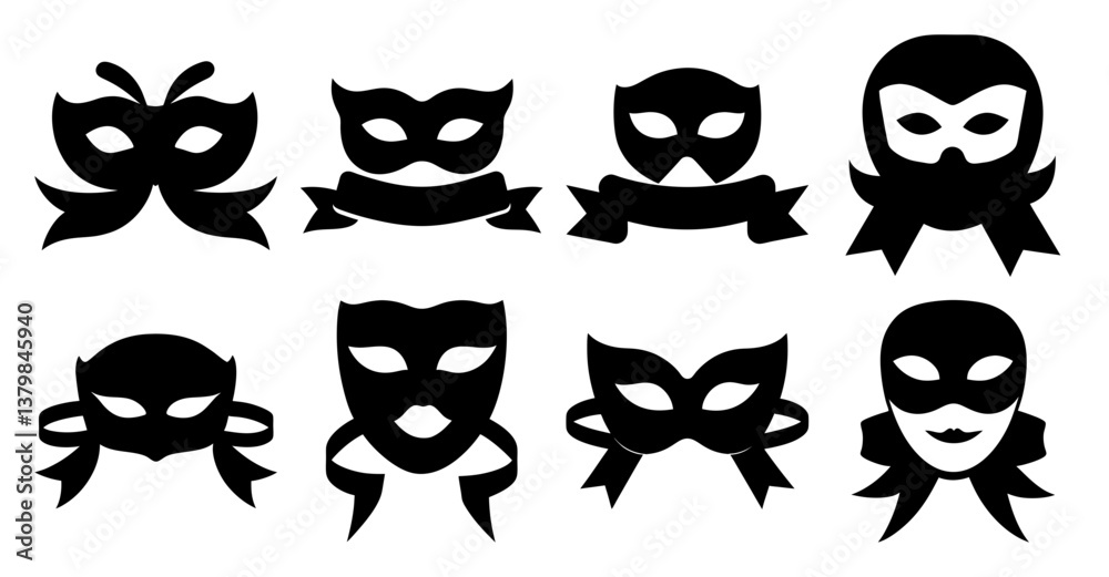 Collection of elegant masquerade masks, Silhouette icons for party, carnival, or theatre design. Perfect for invitations, websites, or branding. Collection of elegant masquerade masks, Silhouette icons for party, carnival, or theatre design. Perfect for invitations, websites, or branding.