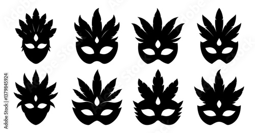Collection of eight elegant carnival mask silhouettes with feathers.  Perfect for party invitations, decorations, or masquerade designs.