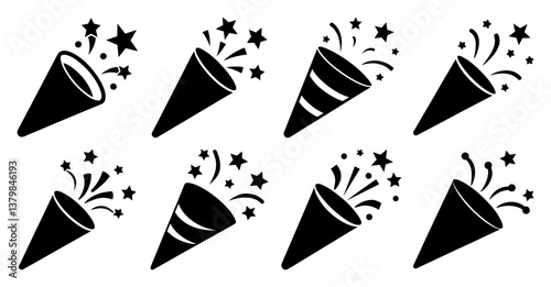 Collection of party popper icons, celebration, festive, event, fun, joy, party supplies, vector illustration