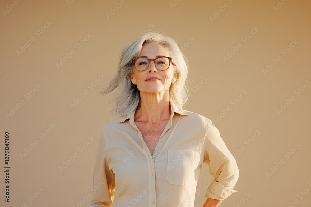 A woman with a white shirt and glasses is standing in front of a wall. She is smiling and looking at the camera