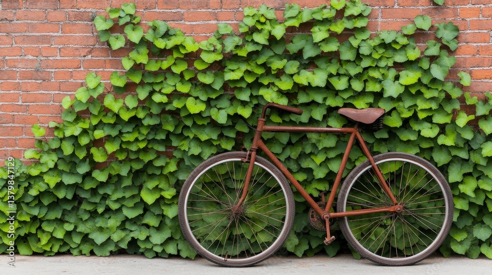 Fototapeta premium Antique Bicycle Leaning Against Weathered Brick Wall Surrounded by Lush Green Ivy Leaves