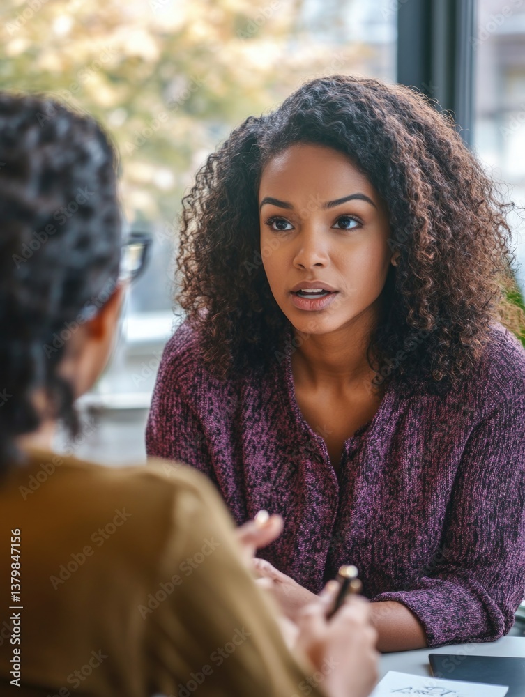 Two women are talking to each other. One of them is wearing glasses. The woman on the left is wearing a brown shirt