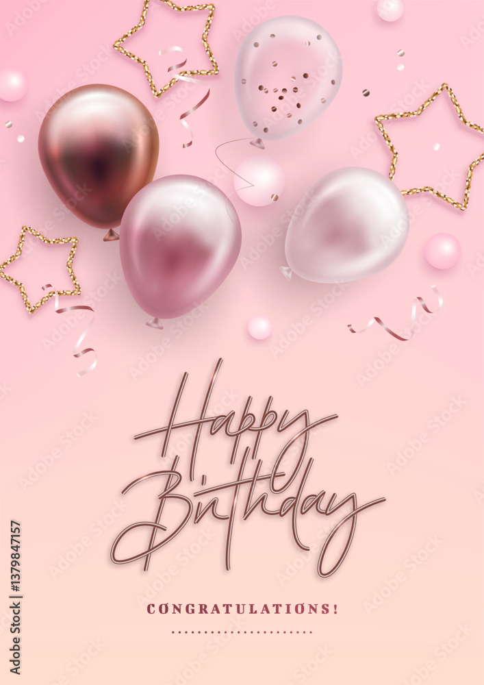 Vector birthday elegant greeting card, banner or party invitation with realistic 3d golden, pink and white balloons and falling confetti on pink background. Vector illustration