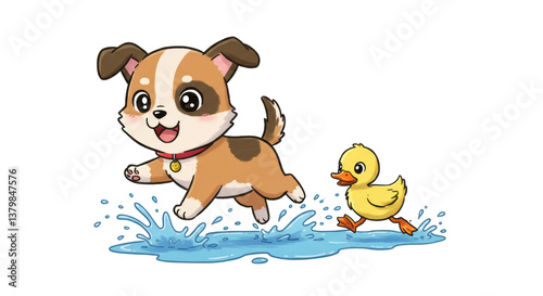 Cartoon Dog and Duckling Playfully Running Through Puddle with Water Splashes