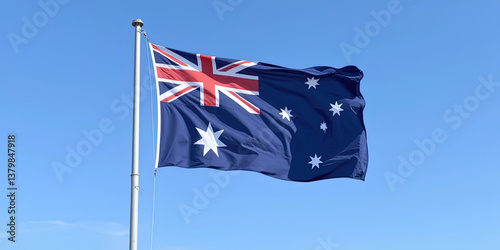 Australian national flag waving in the wind against a blue sky – Symbol of patriotism for Australian Independence Day, Republic Day, and national celebrations.