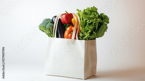 A white bag filled with vegetables including broccoli, lettuce, and peppers. The bag is placed on a white surface