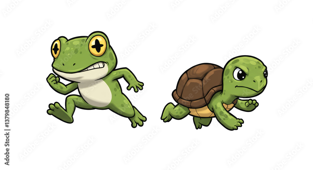 Fototapeta premium Cartoon Frog and Turtle Running a Race Illustration on White Background