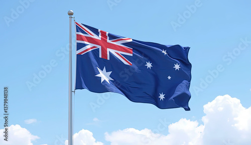 Australian national flag waving in the wind against a blue sky – Symbol of patriotism for Australian Independence Day, Republic Day, and national celebrations.