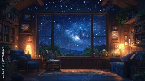 Cozy room with starry night view