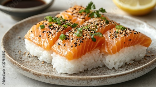 Delicious sushi platter featuring salmon nigiri topped with sesame seeds and fresh herbs, elegantly served on a textured plate