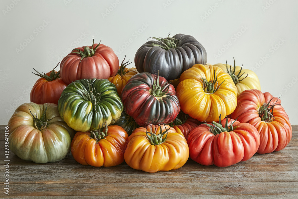 A colorful pile of heirloom tomatoes in various shapes and sizes, showcasing their vibrant hues. A colorful pile of heirloom tomatoes in various shapes and sizes, showcasing their vibrant hues.